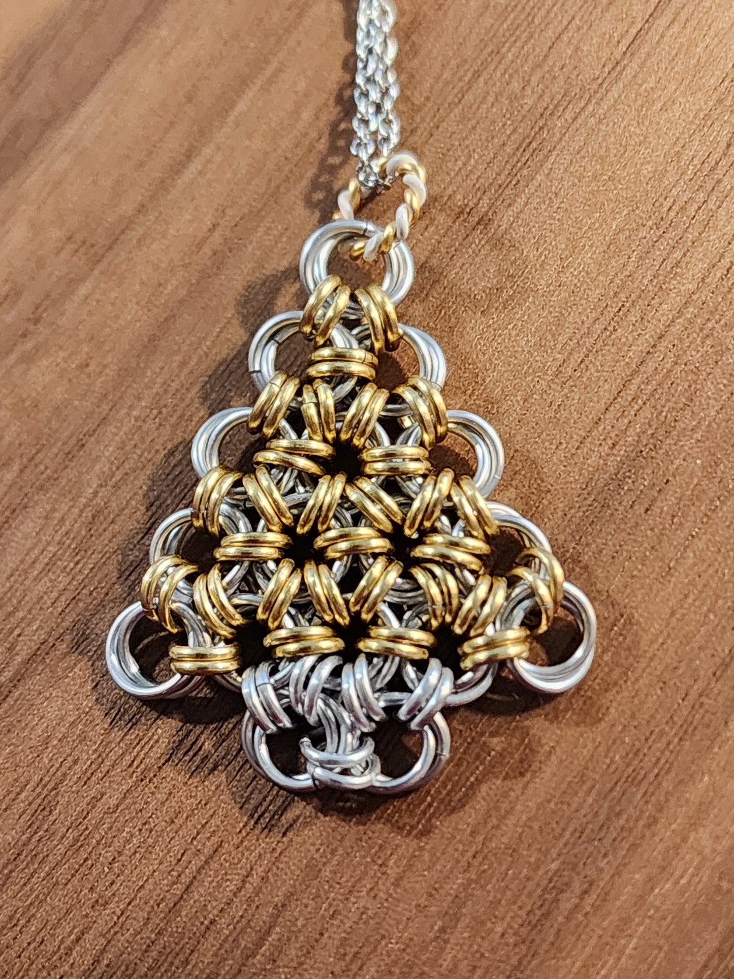 Silver and Golden Chainmaille Christmas Tree Necklace