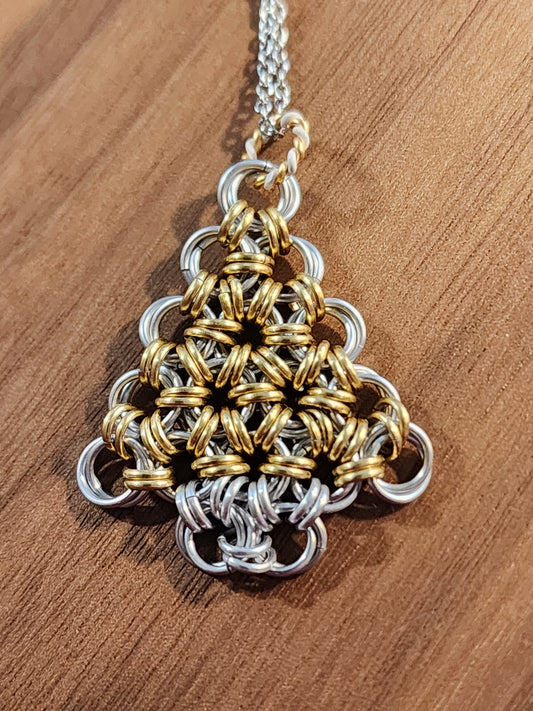 Silver and Golden Chainmaille Christmas Tree Necklace