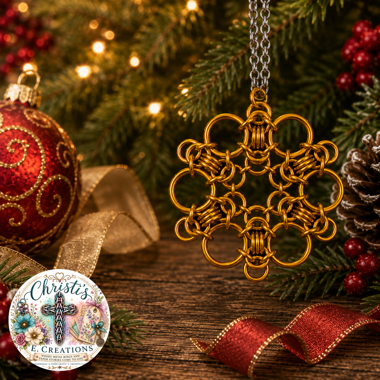 Orange Chainmaille Snowflake Ornament