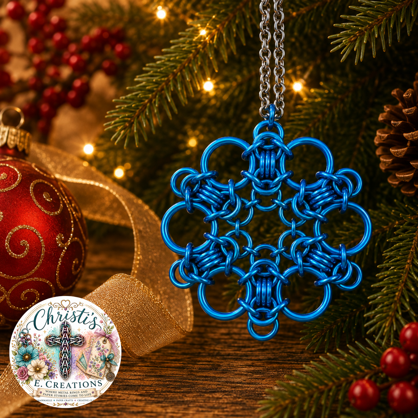 Bright Blue Chainmaille Snowflake Ornament