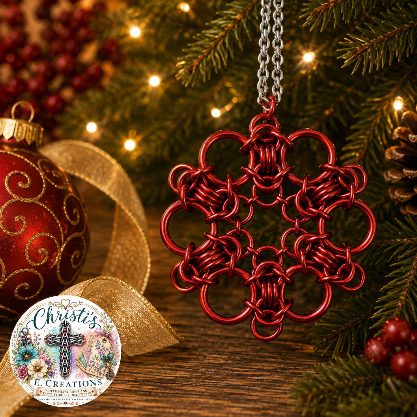 Bright Red Chainmaille Snowflake Ornament