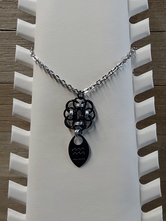 Helm Flower Onyx (Black) and Platinum (Silver) Zodiac Scale Pendant - Aquarius