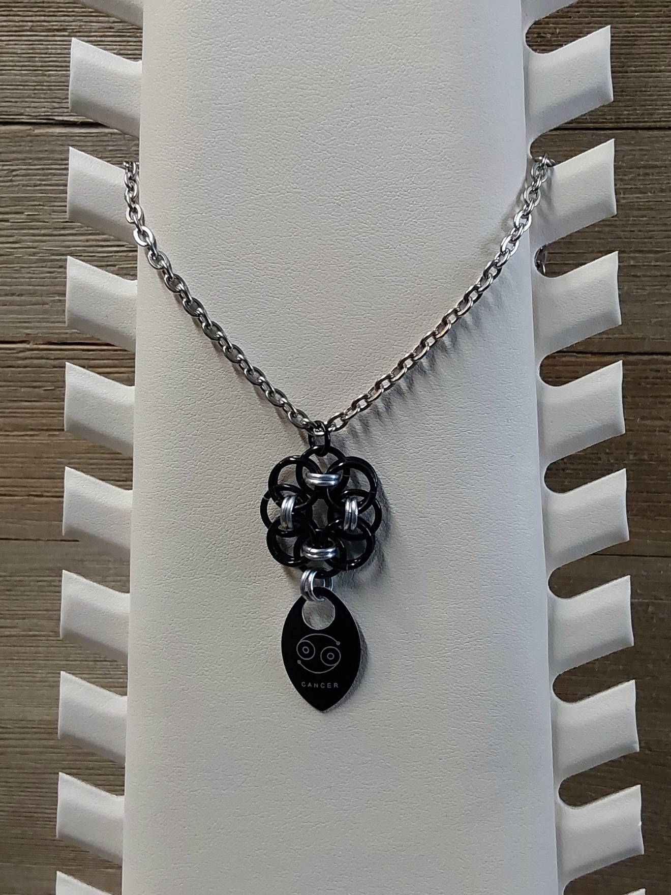 Helm Flower Onyx (Black) and Platinum (Silver) Zodiac Scale Pendant - Cancer
