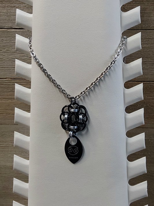 Helm Flower Onyx (Black) and Platinum (Silver) Zodiac Scale Pendant - Cancer