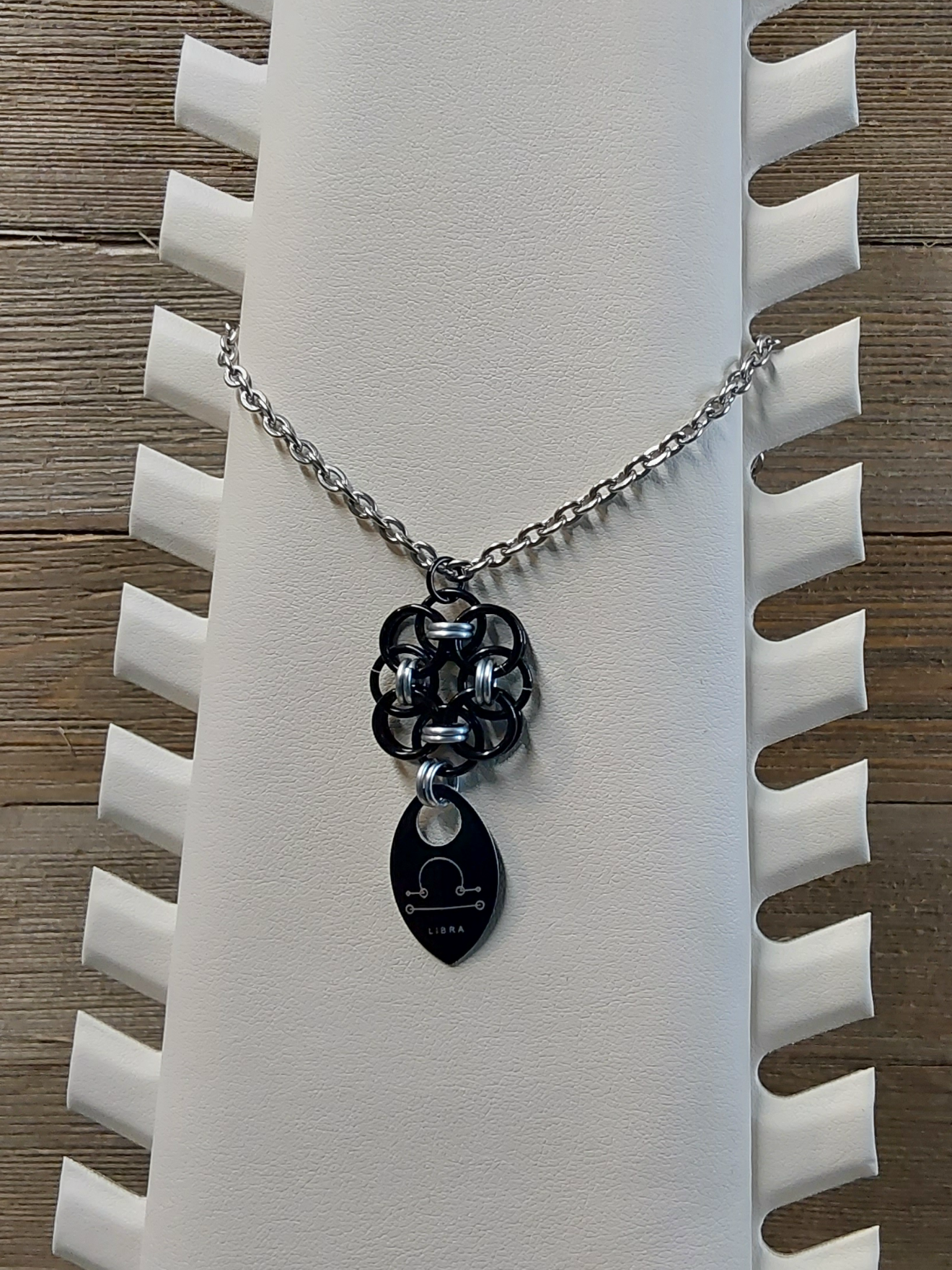 Helm Flower Onyx (Black) and Platinum (Silver) Zodiac Scale Pendant - Libra