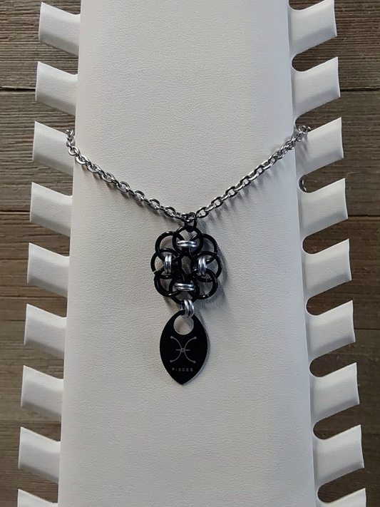 Helm Flower Onyx (Black) and Platinum (Silver) Zodiac Scale Pendant - Pisces