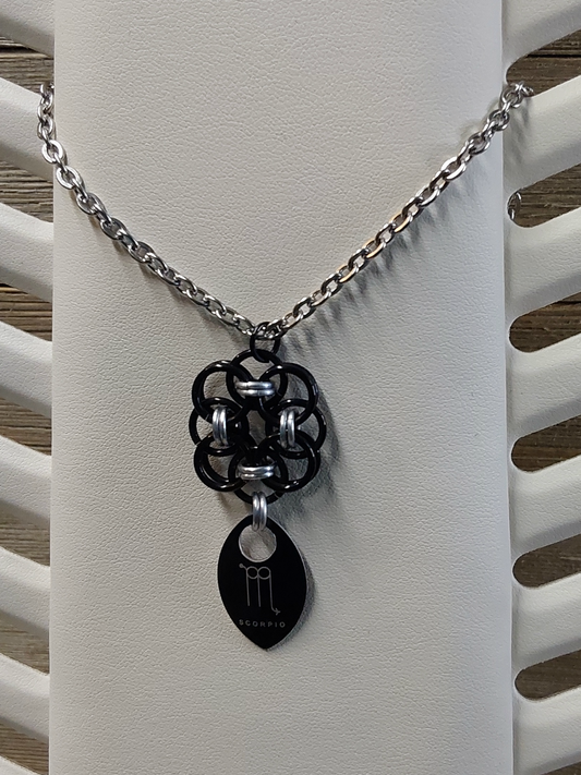 Helm Flower Onyx (Black) and Platinum (Silver) Zodiac Scale Pendant - Scorpio