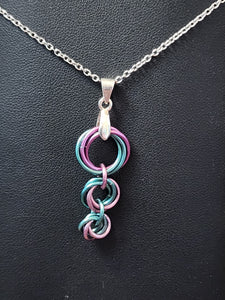 Mauve and Myrtle Green (light pink and green blue) Chainmaille Triple Love Knot Necklace