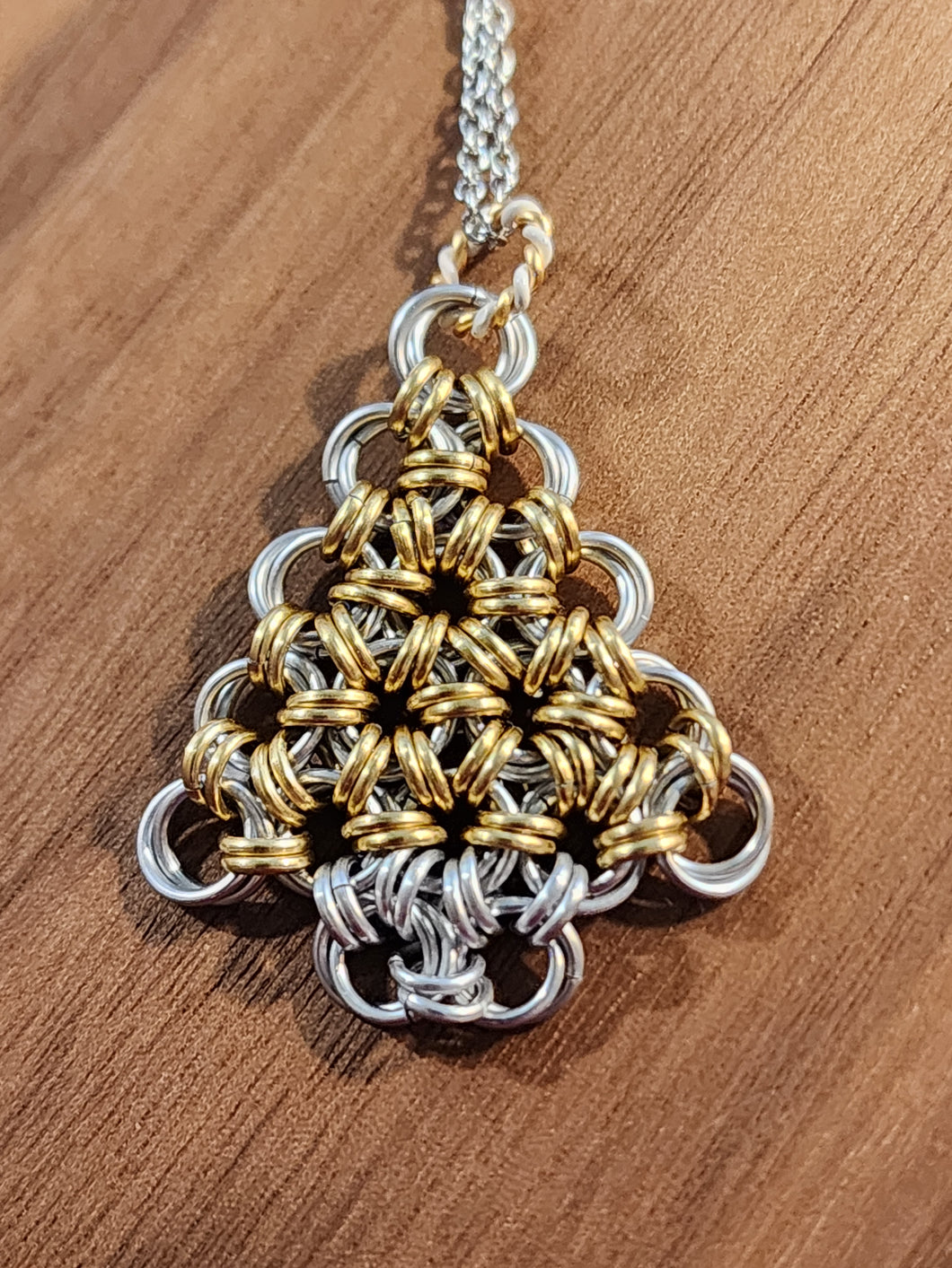 Silver and Golden Chainmaille Christmas Tree Necklace