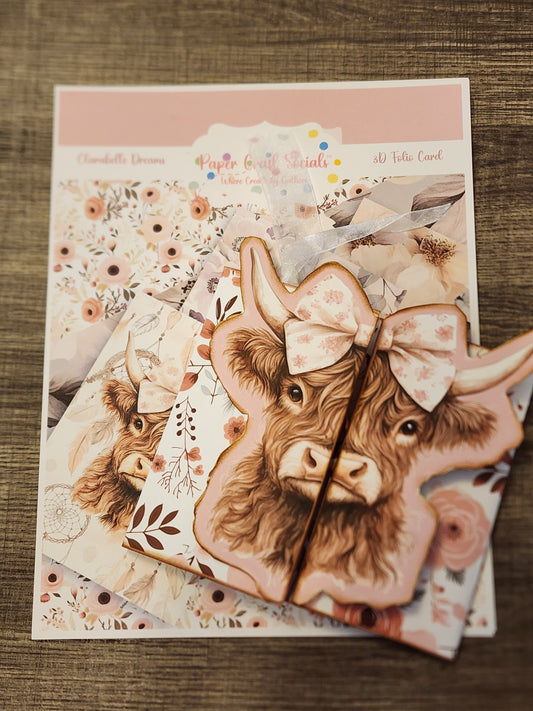 Clarabelle Dreams 3D Highland Cow Folio Card Paper Craft Kit — Ribbon + Velcro Edition
