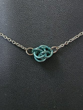 Load image into Gallery viewer, Myrtle Green (Blue Green) Chainmaille Sweet Pea Necklace
