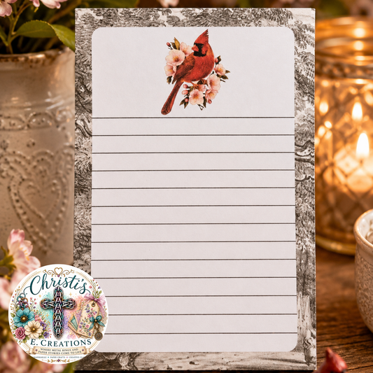 Handmade Cardinal & Blossoms Notepad – 4" x 6" – 25 Heavy Cardstock Pages