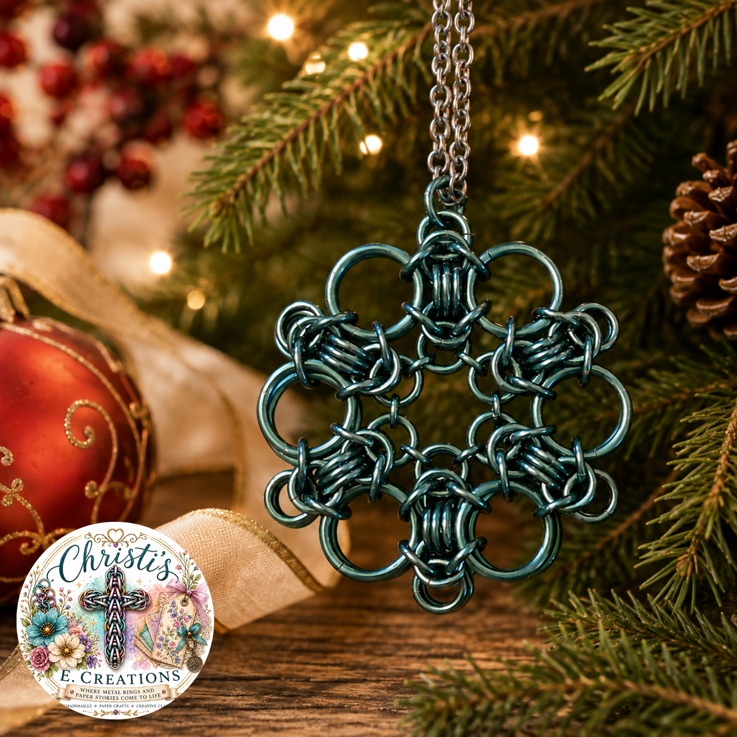 Myrtle Green Chainmaille Snowflake Ornament