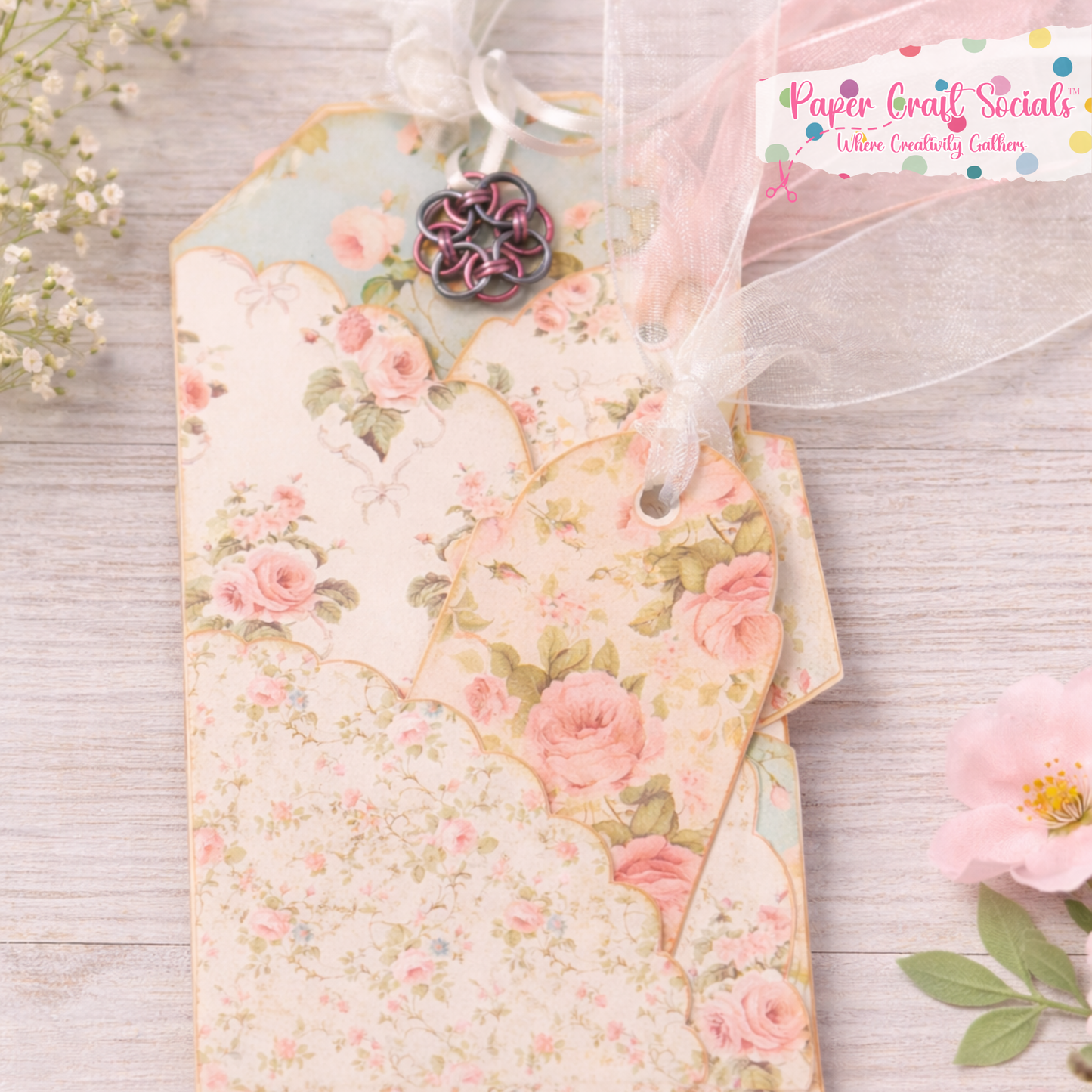 Shabby Chic Pocket Tags Kit – Paper Craft Socials Kit with Ribbon & Chainmaille Charm