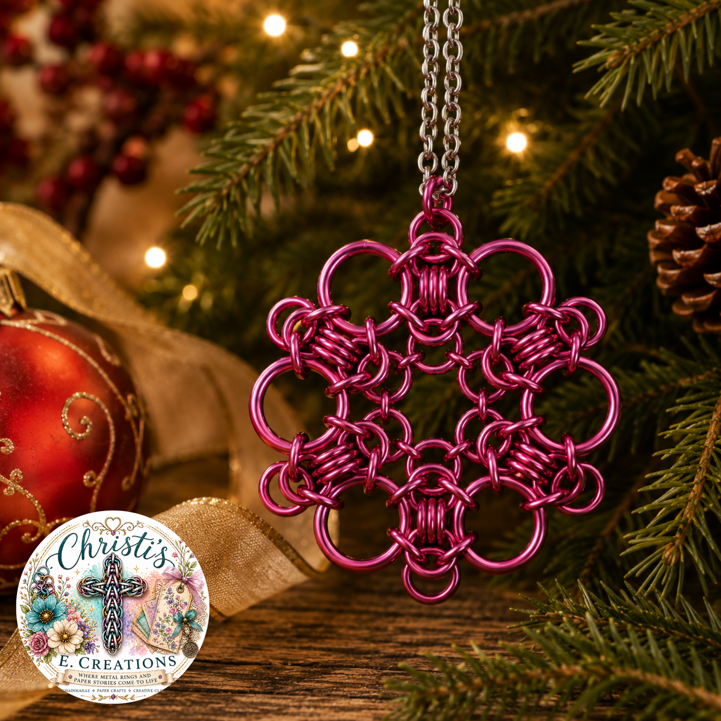 Bright Pink Chainmaille Snowflake Ornament