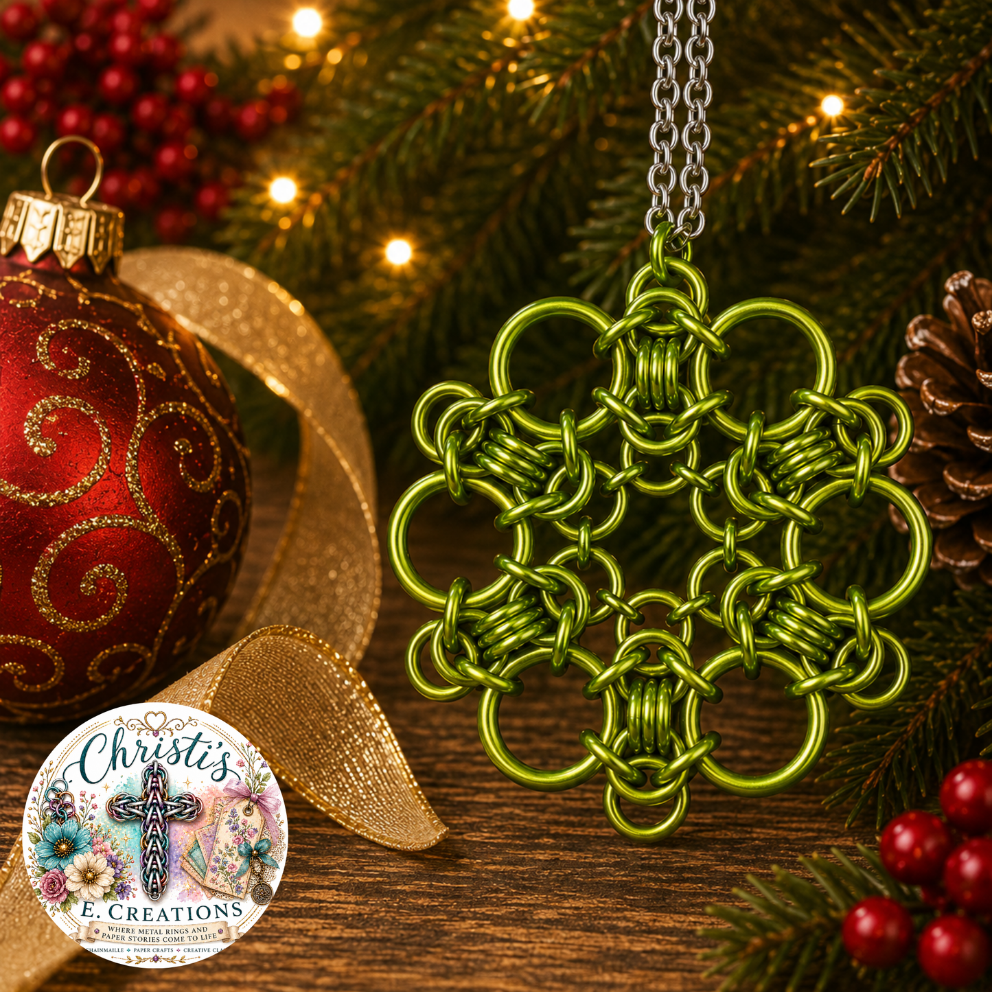 Bright Green Chainmaille Snowflake Ornament