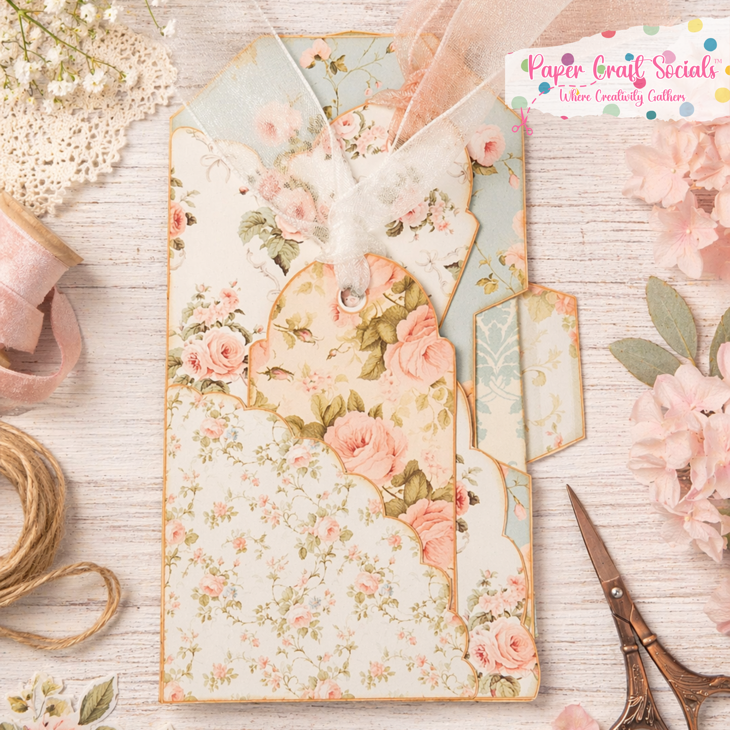 Shabby Chic Pocket Tags Kit – Paper Craft Socials Kit with Organza Ribbon
