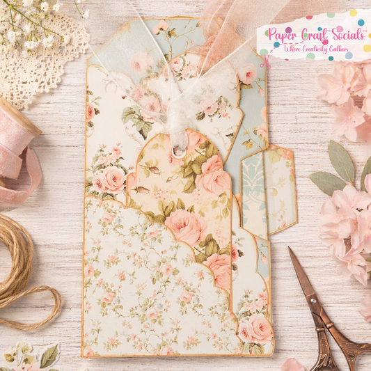 Shabby Chic Pocket Tags Kit – Paper Craft Socials Kit with Organza Ribbon