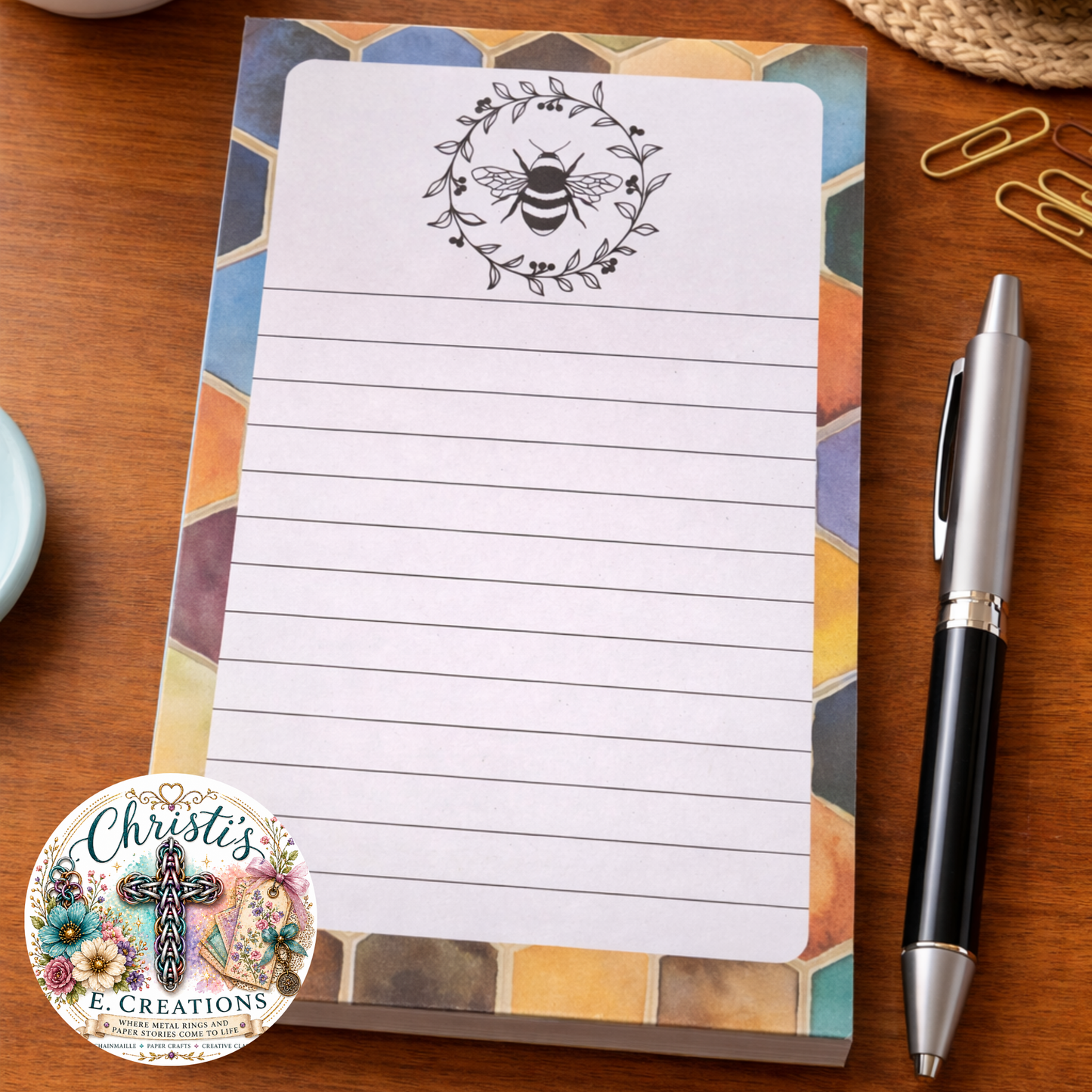 Handmade Bee & Honeycomb Notepad – 4" x 6" – 25 Heavy Cardstock Pages