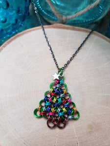 Multicolored Chainmaille Christmas Tree Necklace