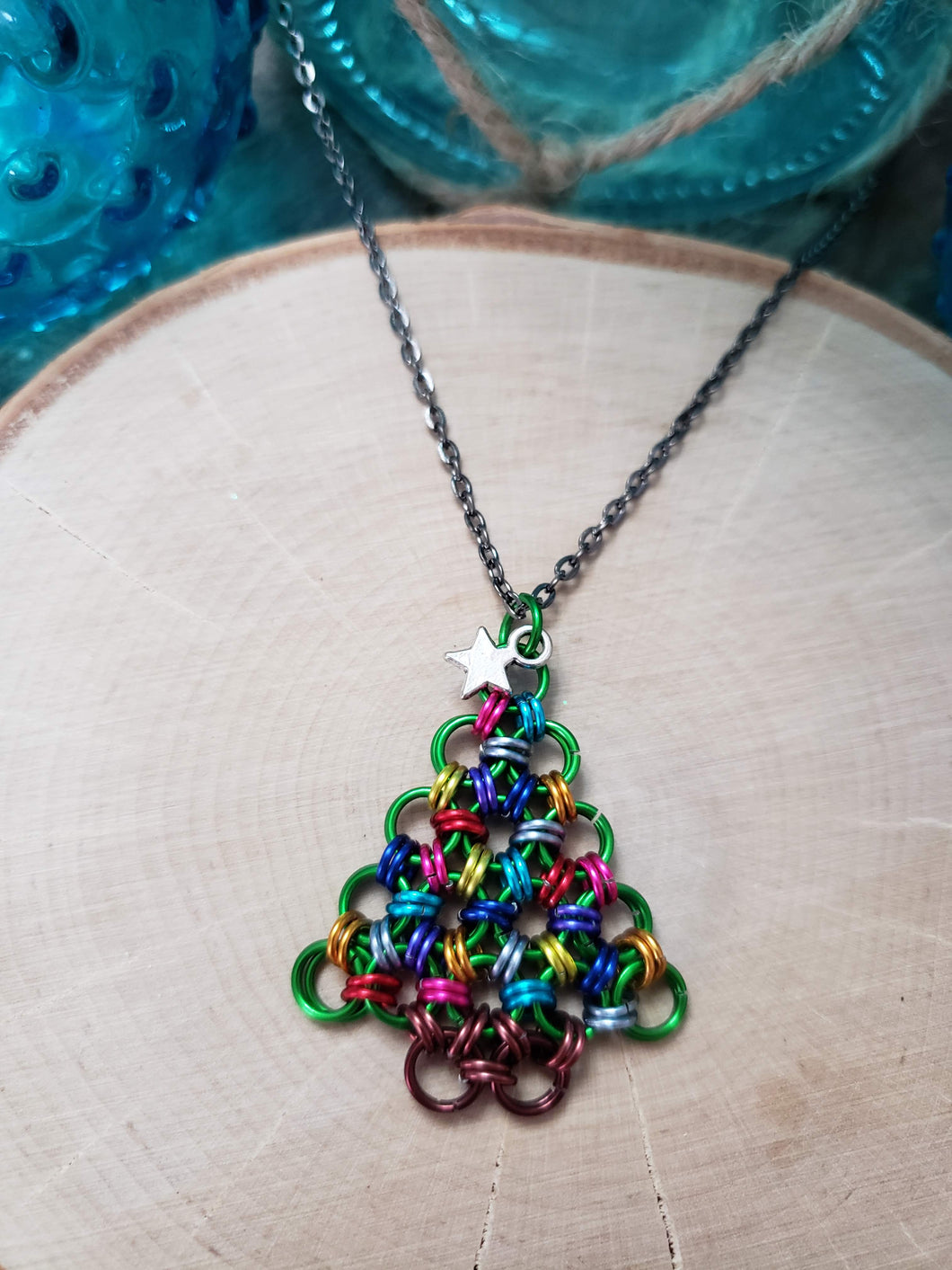 Multicolored Chainmaille Christmas Tree Necklace