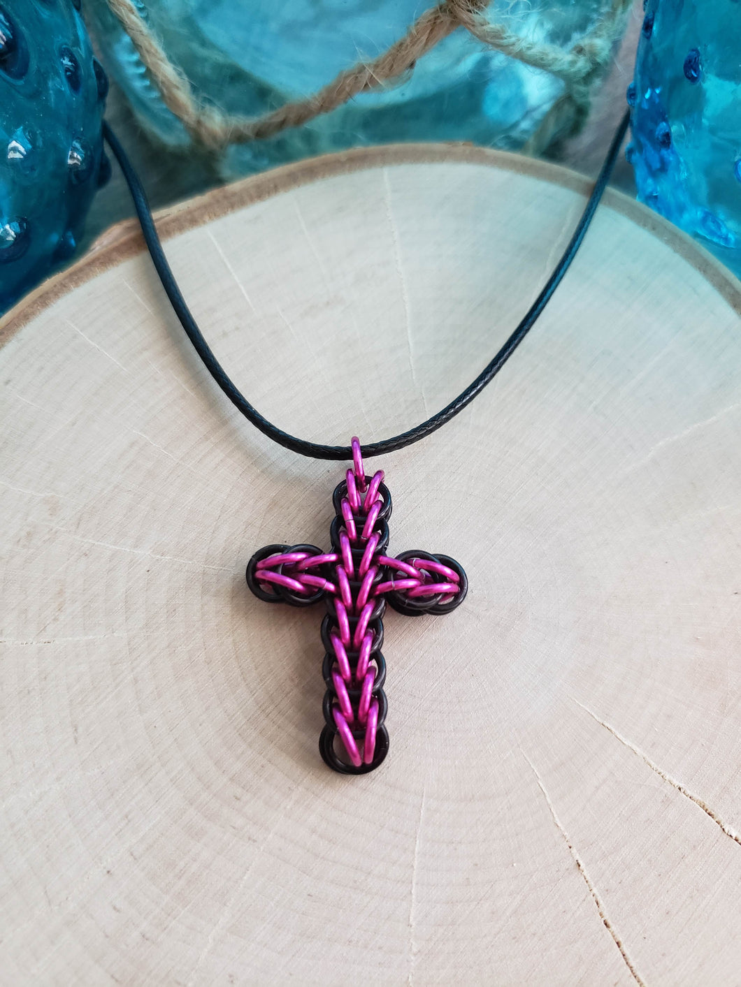 Bubblegum and Onyx Chainmaille FullPersian Cross Necklace