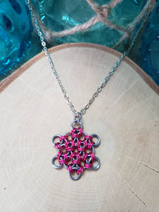 Gunmetal and Bubblegum Chainmaille Snowflake Necklace