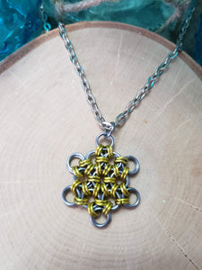 Gunmetal and Canary Chainmaille Snowflake Necklace