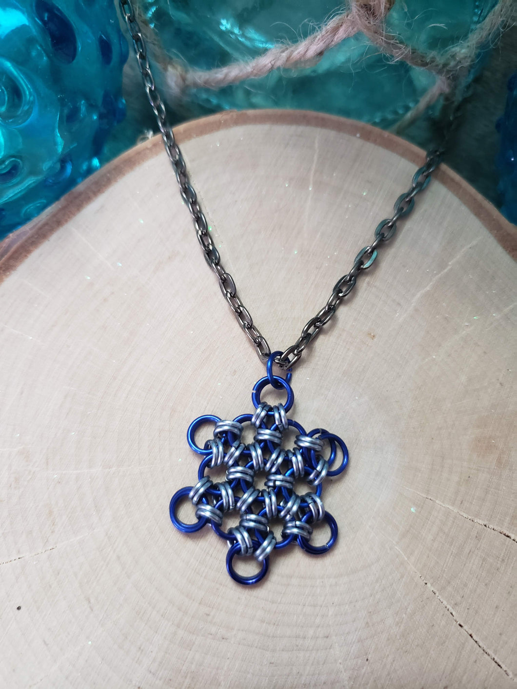 Cobalt and Gunmetal Chainmaille Snowflake Necklace