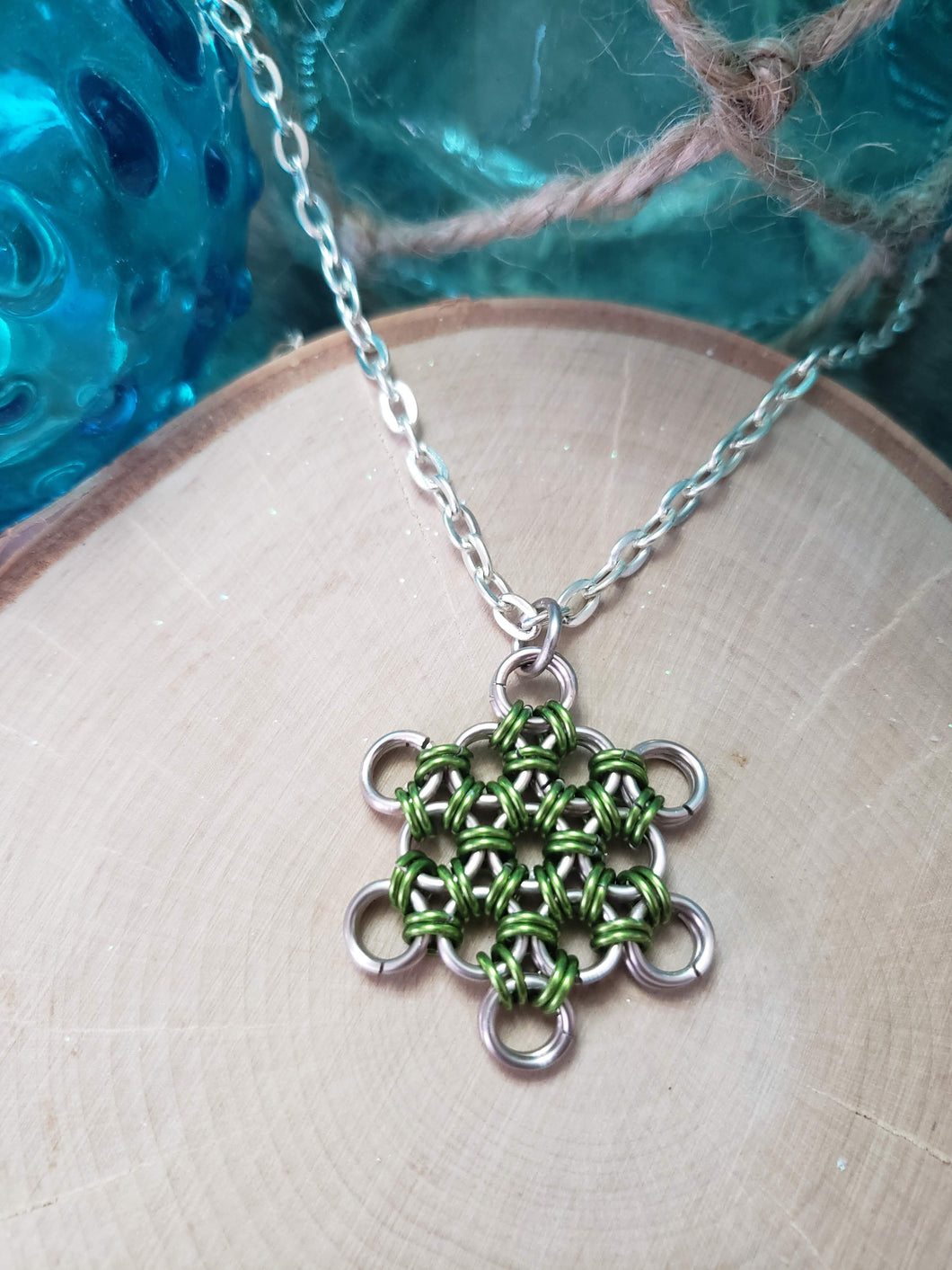 Platinum and Sour Apple Chainmaille Snowflake Necklace