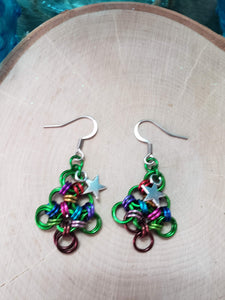 Multicolored Chainmaille Christmas Tree Earrings