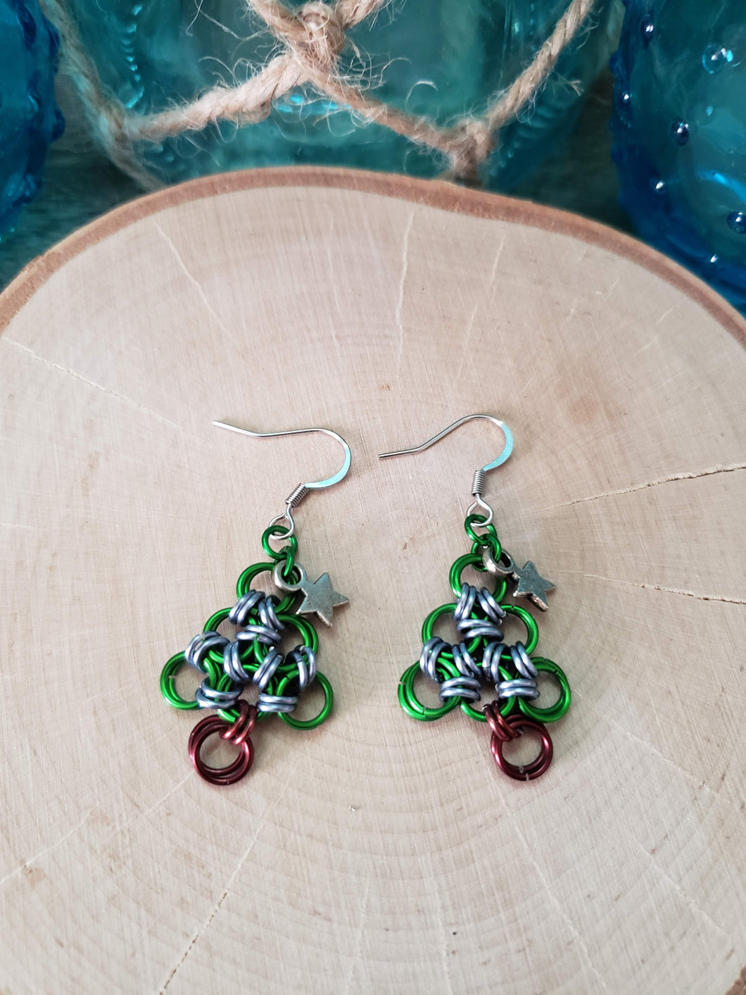 Shamrock and Gunmetal Chainmaille Christmas Tree Earrings