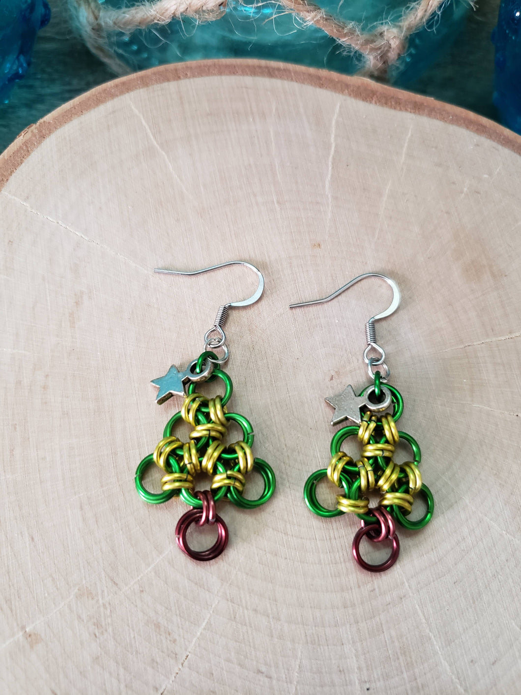 Shamrock and Canary Chainmaille Christmas Tree Earrings