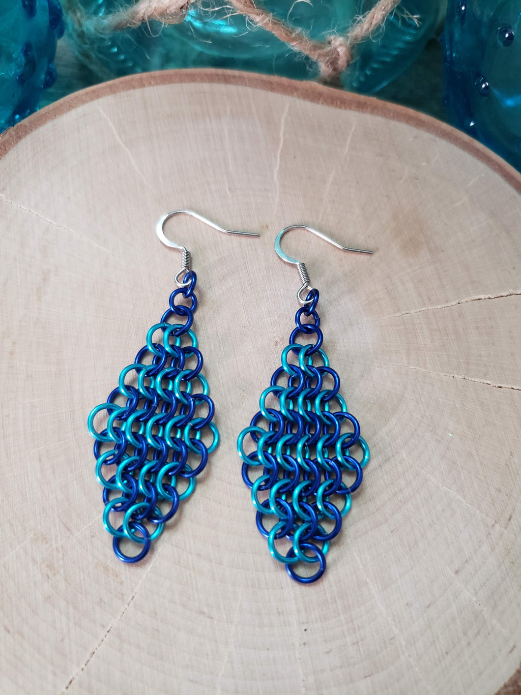 Cobalt and Maui Blue Chainmaille European Style Diamond Earrings