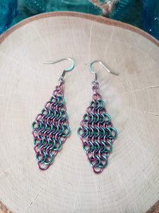 Mauve and Myrtle Green Chainmaille European Style Diamond Earrings