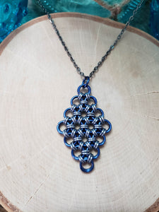 Cobalt and Gunmetal Chainmaille Diamond Necklace