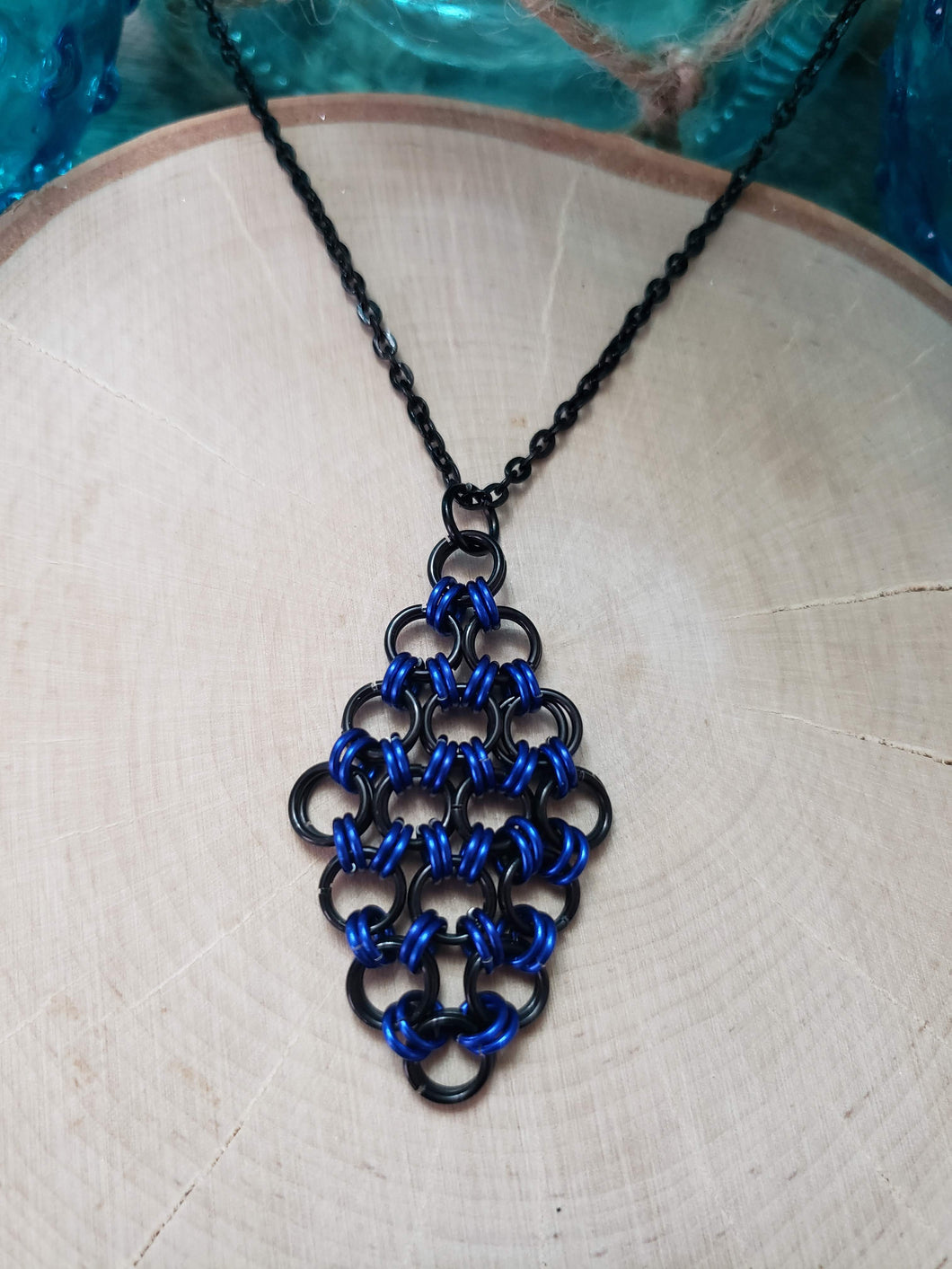 Onyx and Cobalt Chainmaille Herringbone Diamond Necklace