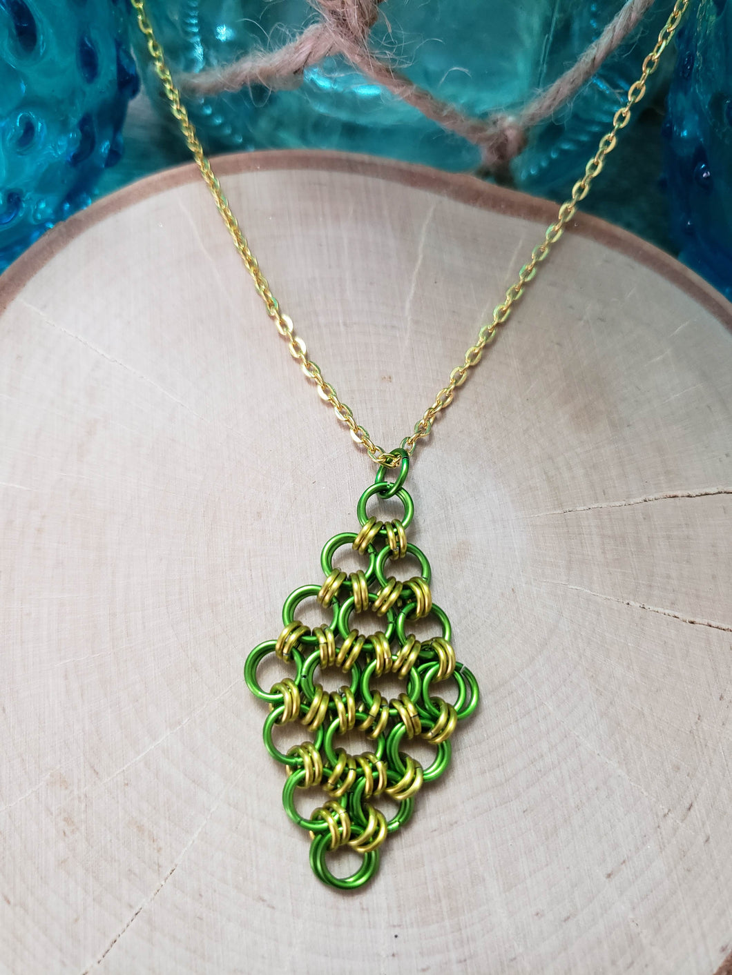 Sour Apple and Canary Chainmaille Herringbone Diamond Necklace