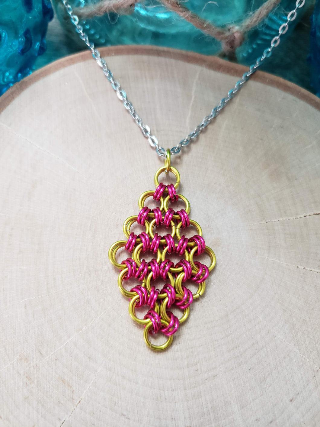 Canary and Bubblegum Chainmaille Herringbone Diamond Necklace