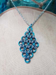 Maui Blue and Gunmetal Chainmaille Herringbone Diamond Necklace