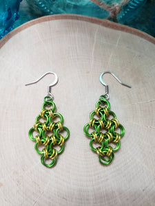 Sour Green and Canary Chainmaille Herringbone Diamond Earrings