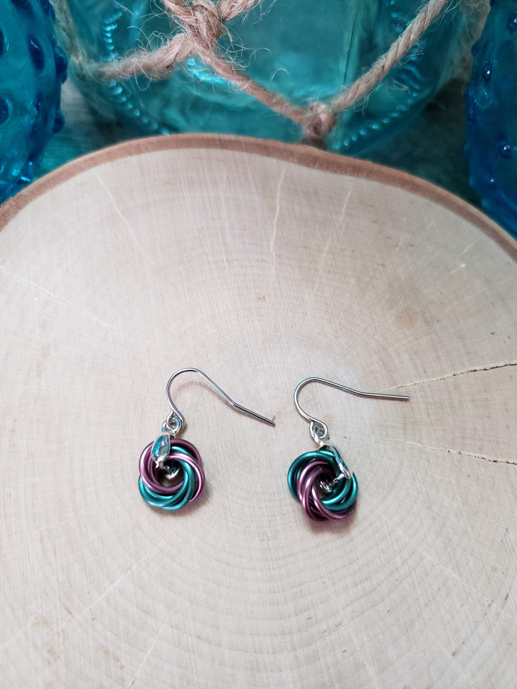 Mauve and Myrtle Green Chainmaille Small Love Knot Earrings
