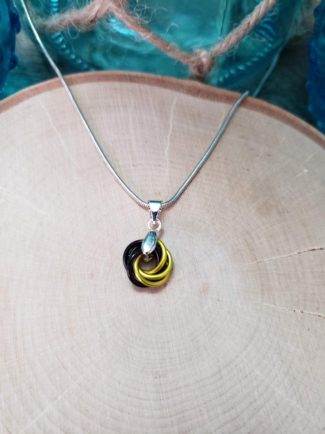 Canary and Onyx Chainmaille Small Love Knot Necklace