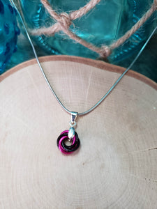 Bubblegum and Onyx Chainmaille Small Love Knot Necklace