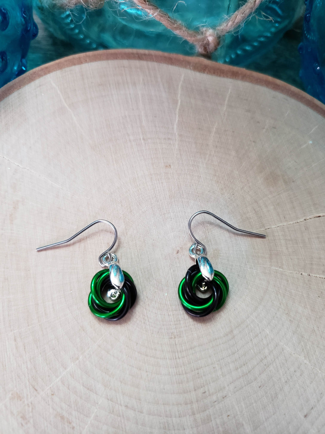 Shamrock and Onyx Chainmaille Small Love Knot Earrings