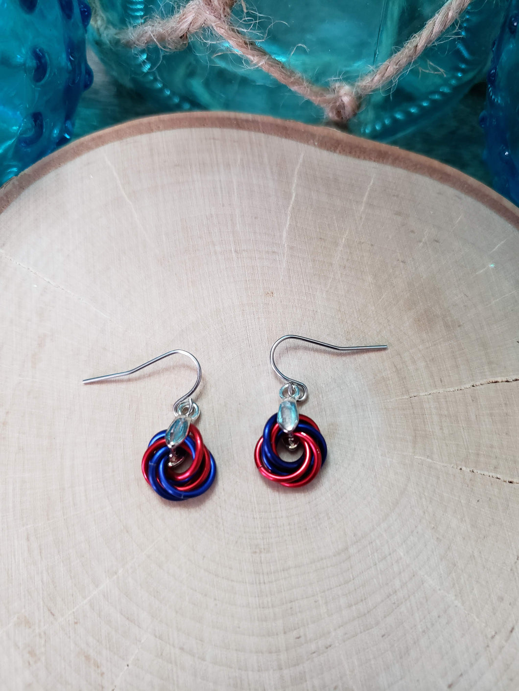 Candy Apple and Cobalt Chainmaille Small Love Knot Earrings