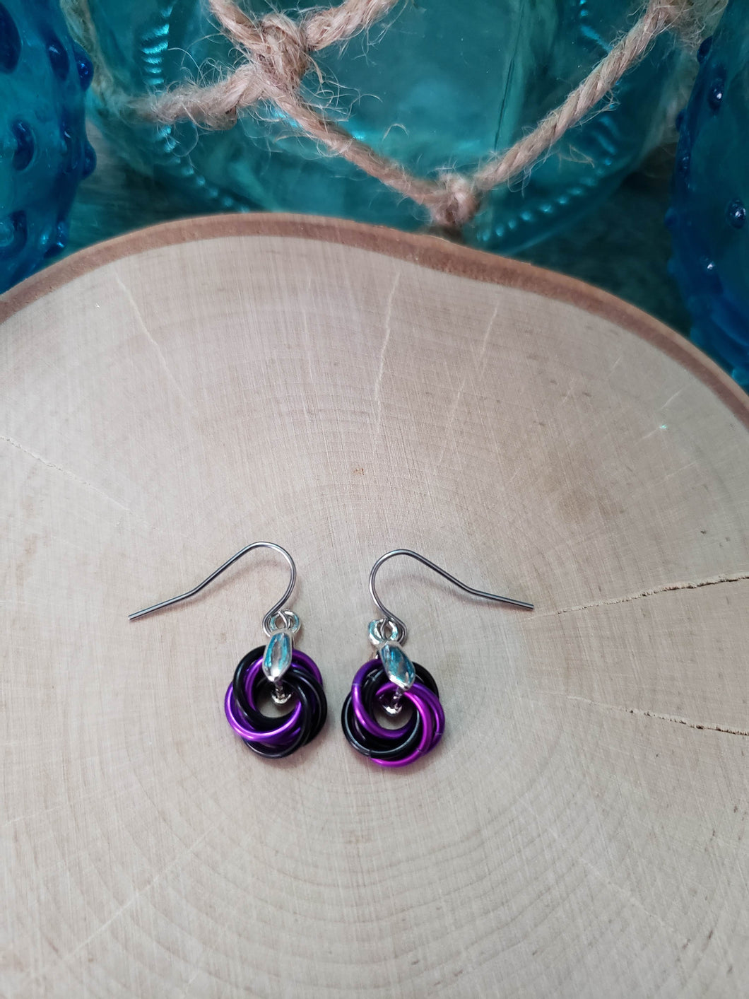 Violet and Onyx Chainmaille Small Love Knot Earrings