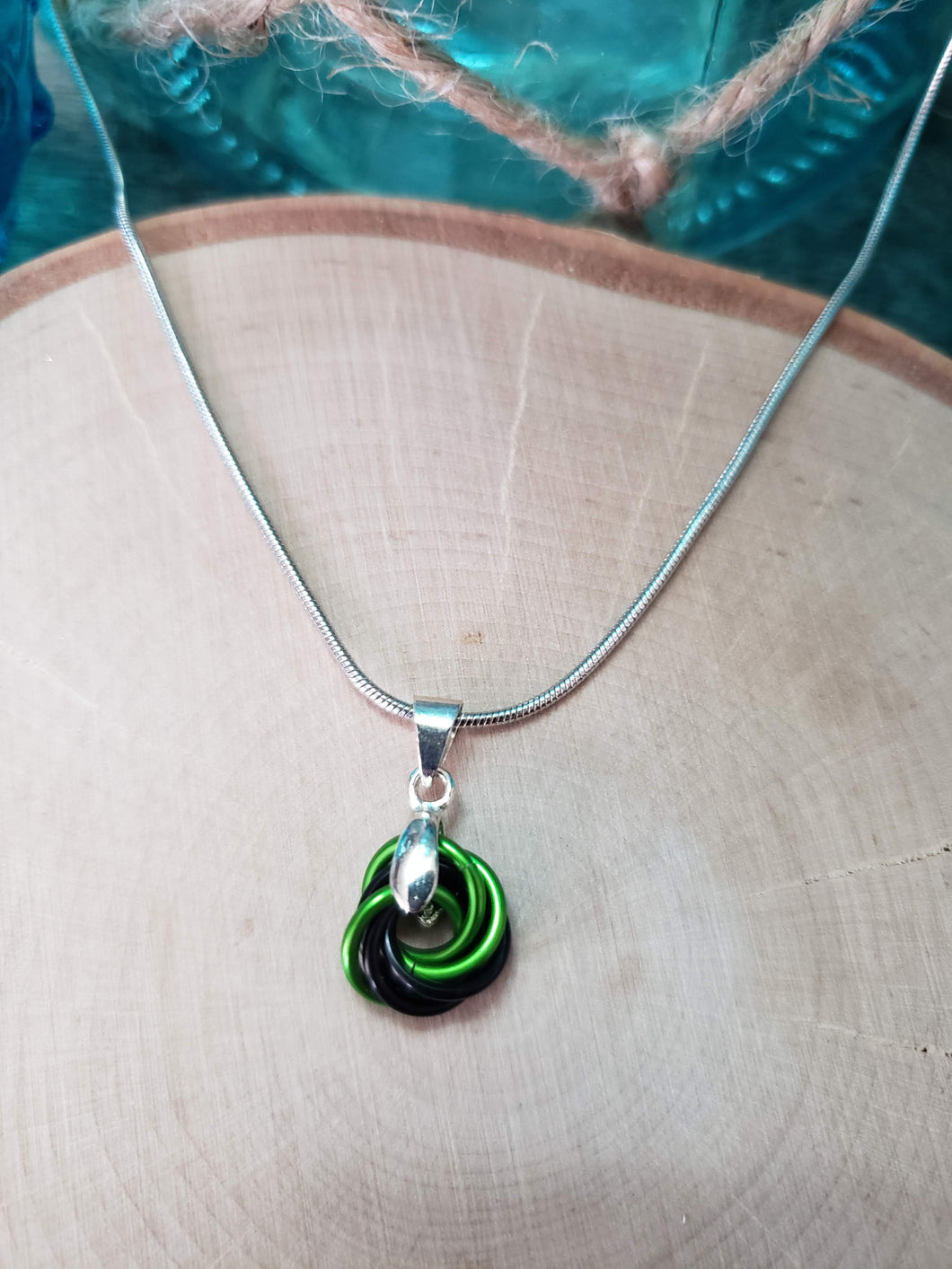 Sour Apple and Onyx Chainmaille Small Love Knot Necklace