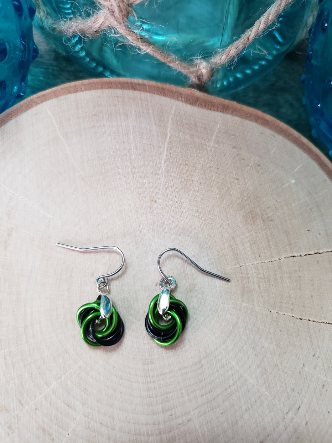 Sour Apple and Onyx Chainmaille Small Love Knot Earrings