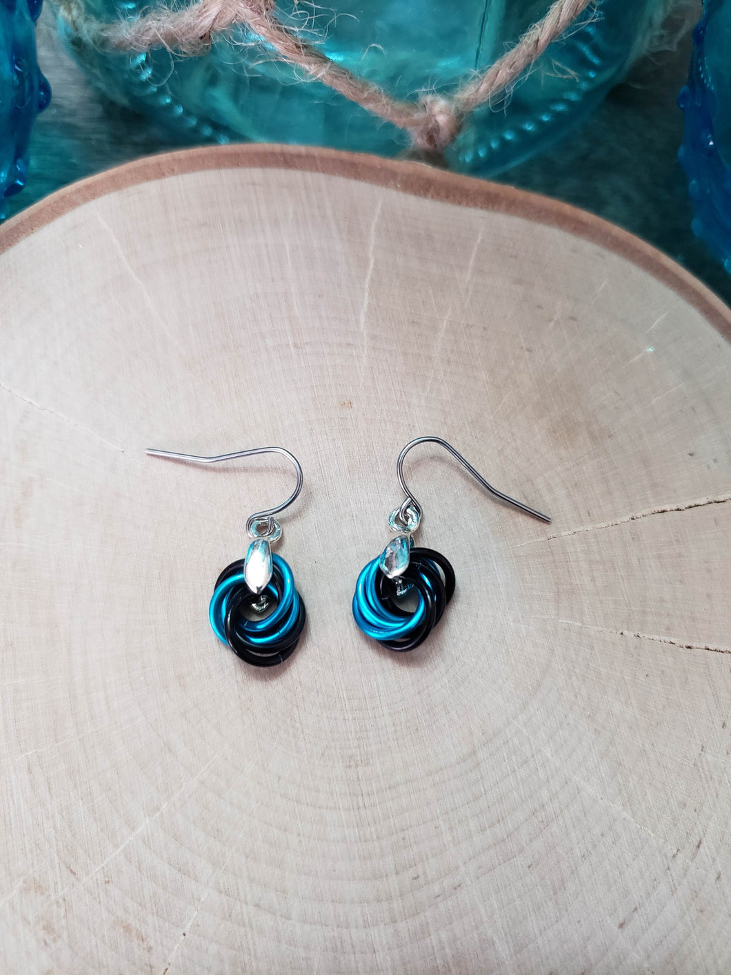 Maui Blue and Onyx Chainmaille Small Love Knot Earrings